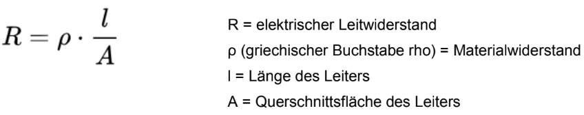 Formel R = ρ·l/A mit kurzer Erklärung der Symbole R, ρ, l und A